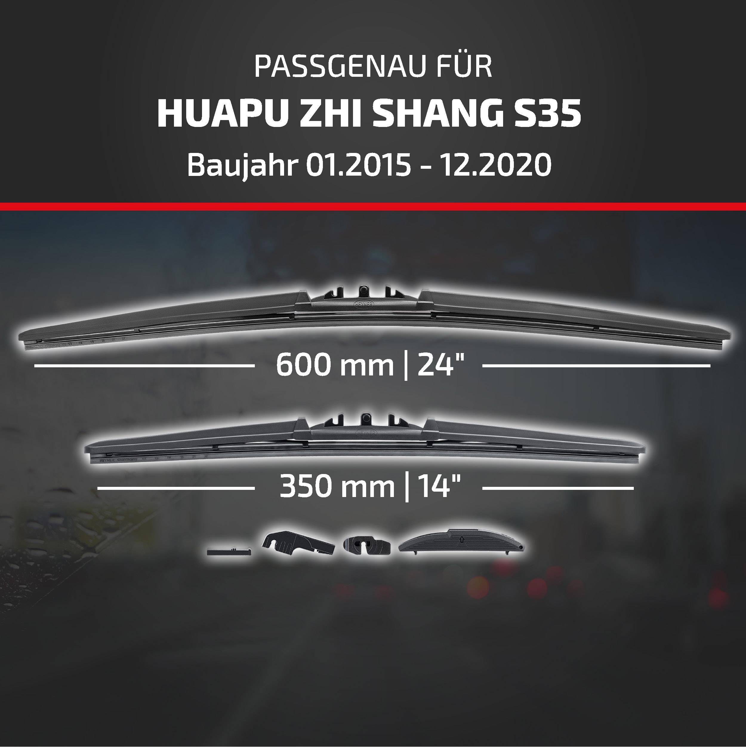 Kompatibilitätstabelle für Huapu Zhi Shang S35 Wischerblätter, Modelljahre 01/2015-12/2020; Die angezeigten Größen betragen 600 mm (24