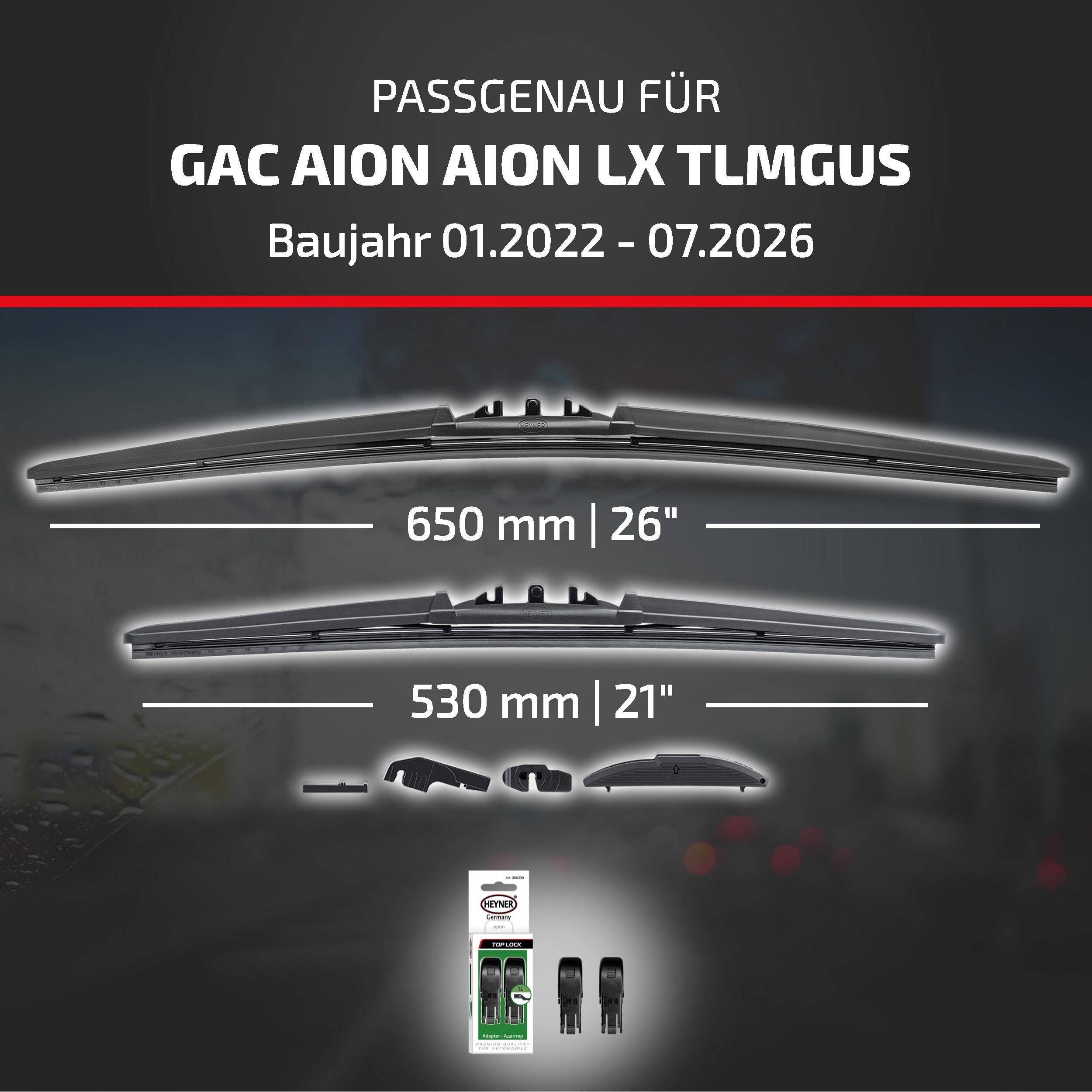Grafik zur Scheibenwischerkompatibilität für GAC Aion Aion LX TLMGUS, Modelljahre 01.2022-07.2026, zeigt Blattgrößen von 650 mm/26