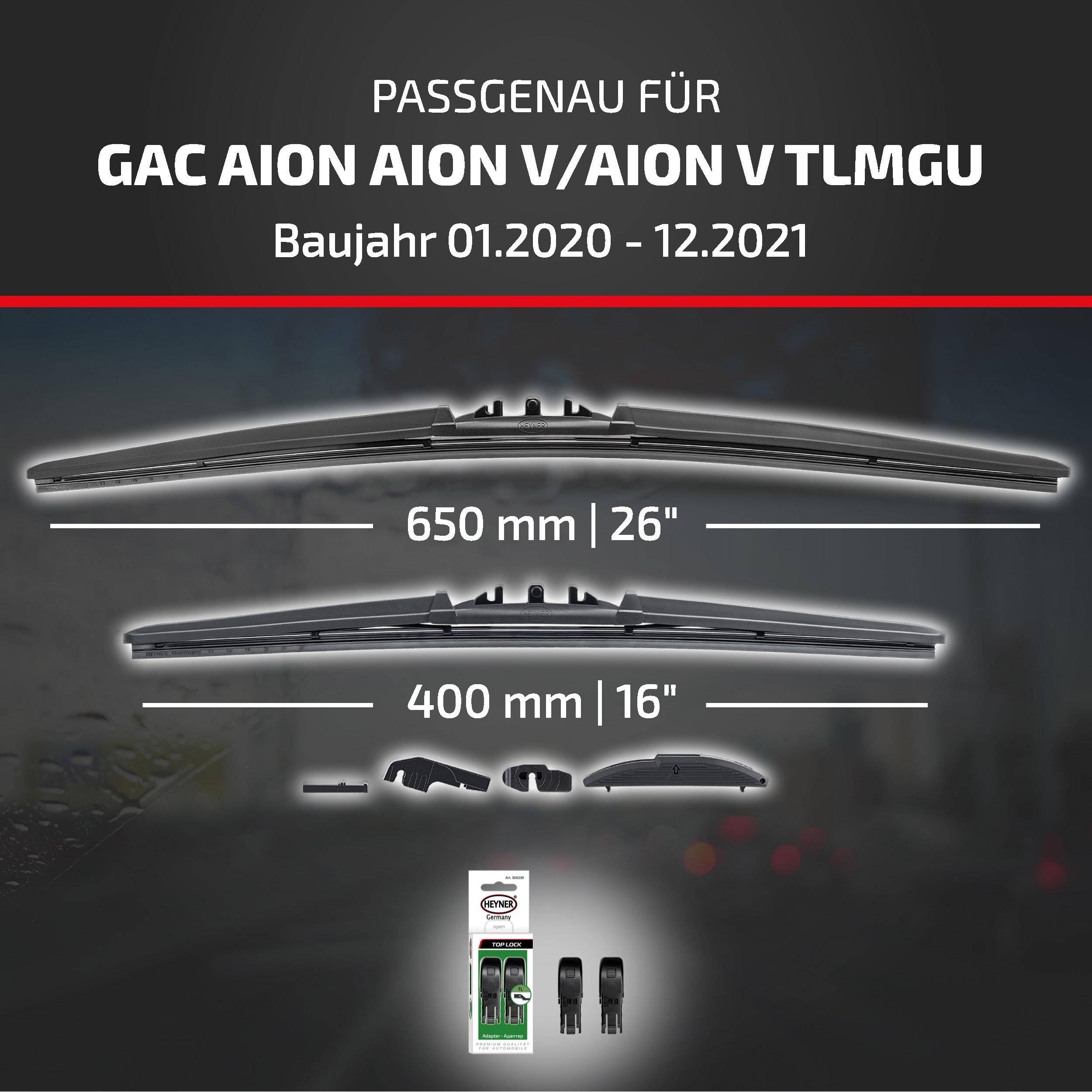 Grafik zeigt kompatible Scheibenwischer für GAC Aion Aion V/Aion V TL, Modelljahre 01.2020-12.2021, mit Größen 650 mm (26