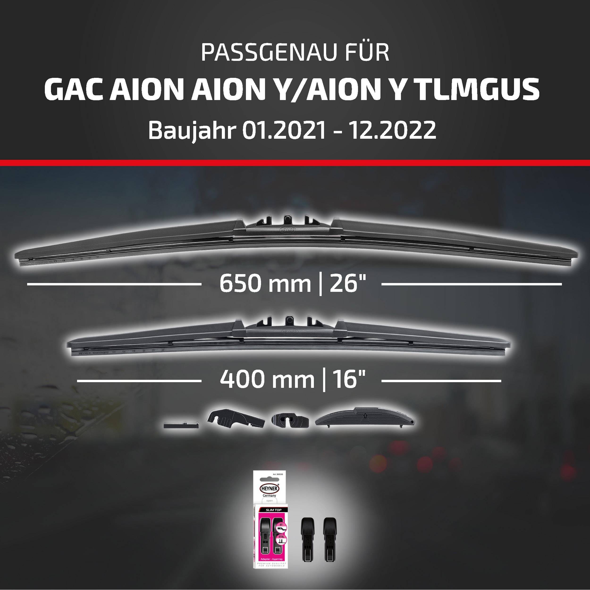 Kompatibilitätstabelle für GAC Aion Aion Y/TLMGUS, Modelljahre 01.2021-12.2022, zeigt Wischergröße 650 mm (26