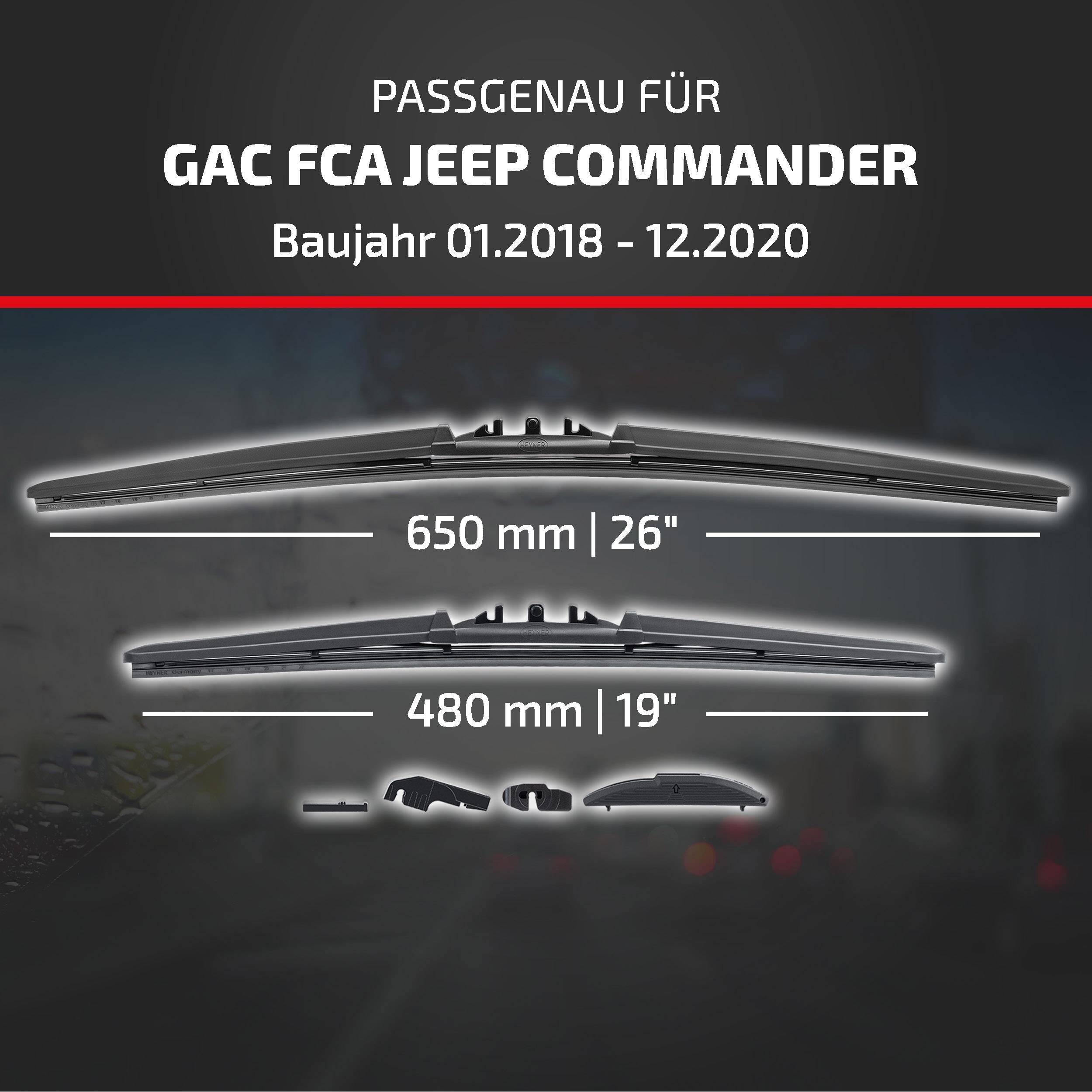 Grafik zeigt Scheibenwischer, die mit GAC FCA Jeep Commander, Modelljahre 01.2018-12.2020, Größen 650 mm (26