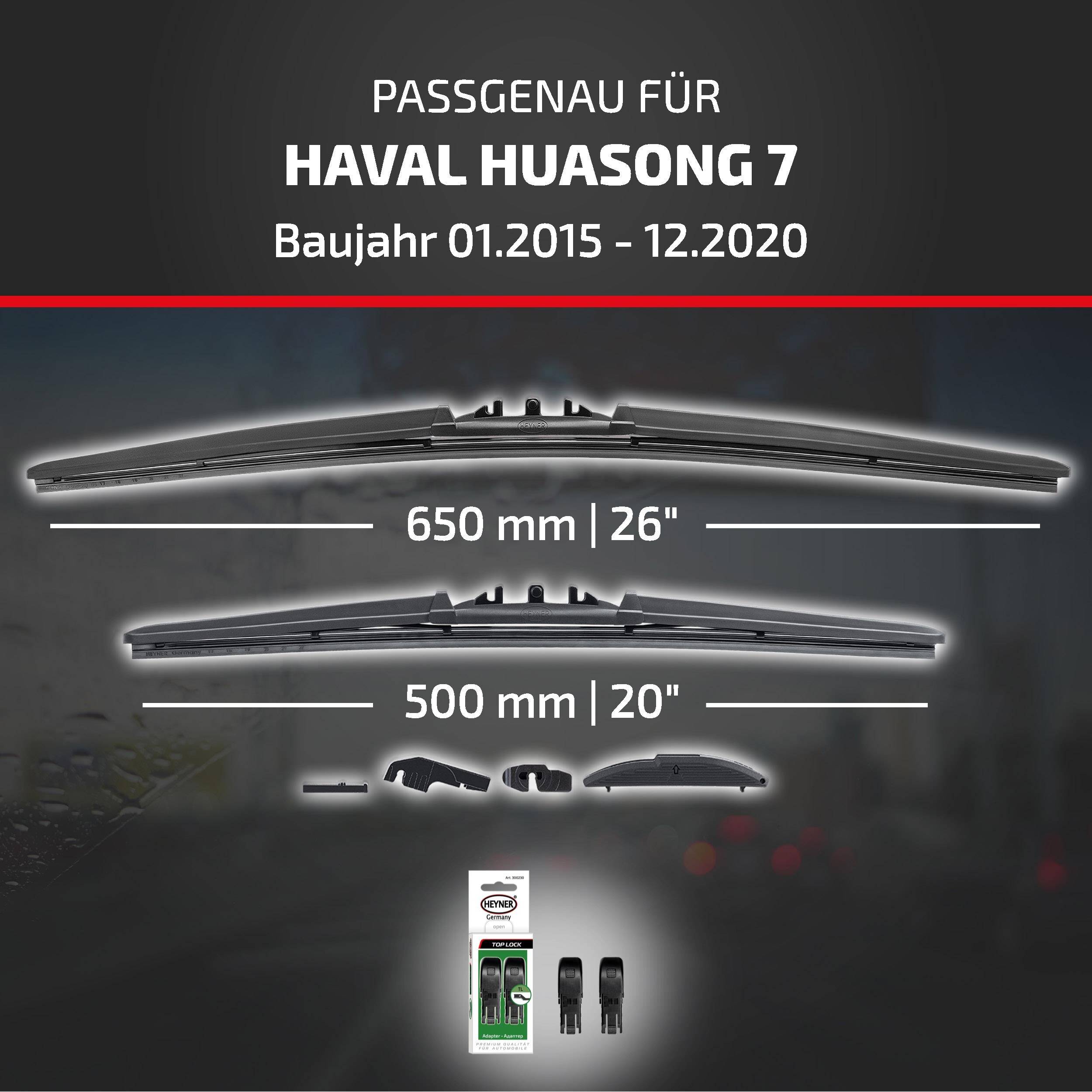 Scheibenwischer kompatibel mit HAVAL HUASONG 7, Modelljahre 01.2015-12.2020, mit Blattgrößen von 650 mm und 500 mm sowie im Lieferumfang enthaltenen Adaptern.