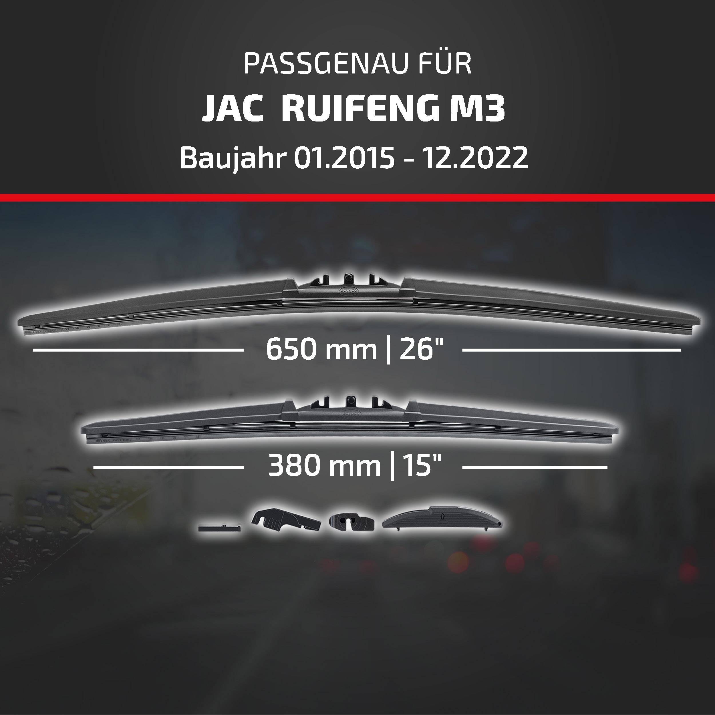 Scheibenwischer-Kompatibilitätsgrafik für JAC Ruifeng M3, Modelljahre 01/2015-12/2022, zeigt 650 mm (26
