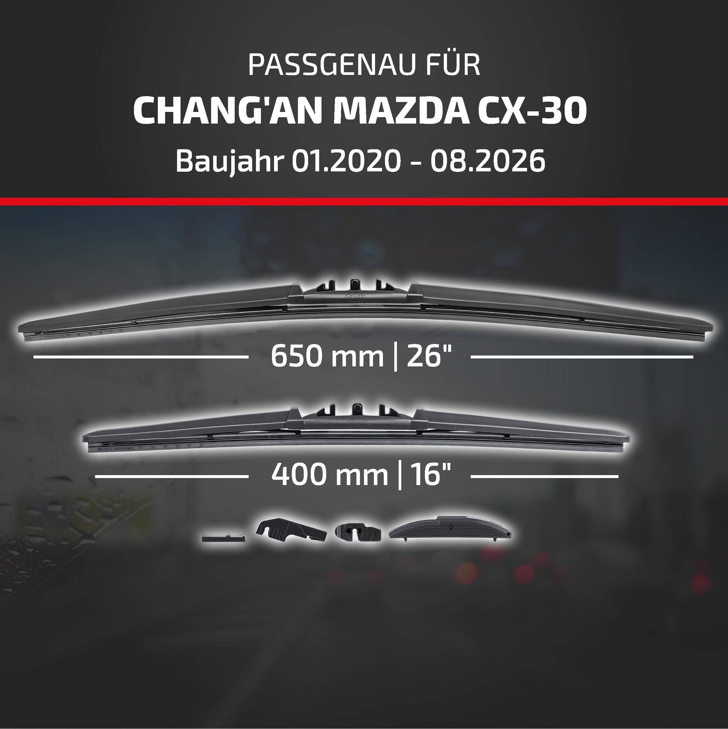 Kompatibilitätsgrafik für CHANGAN Mazda CX-30, Modelljahre 01.2020-08.2026, zeigt Wischergröße 650 mm (26
