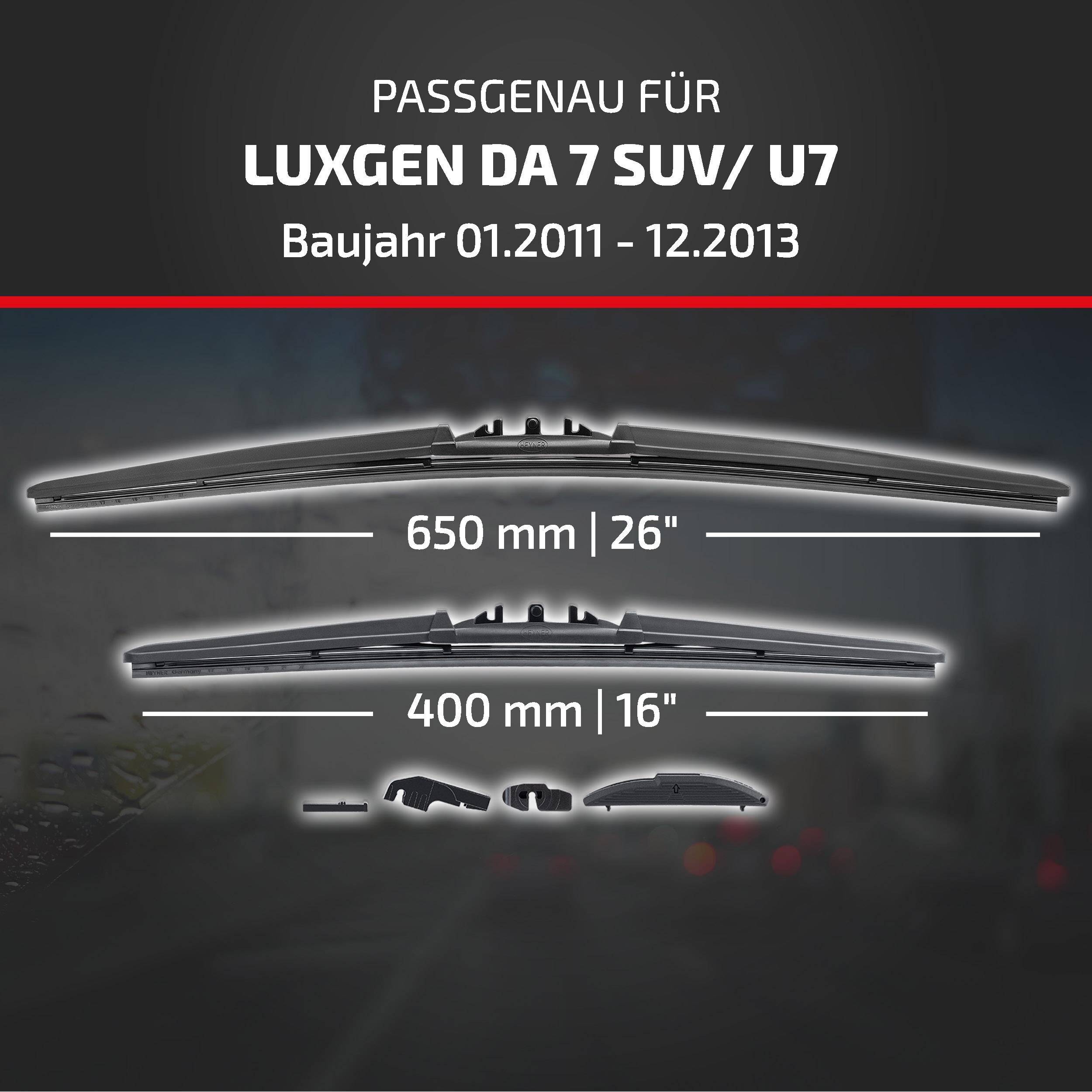 Fitment-Grafik für Luxgen DA 7 SUV/U7, Modelljahre 01.2011–12.2013, zeigt empfohlene Scheibenwischerlängen: 650 mm (26