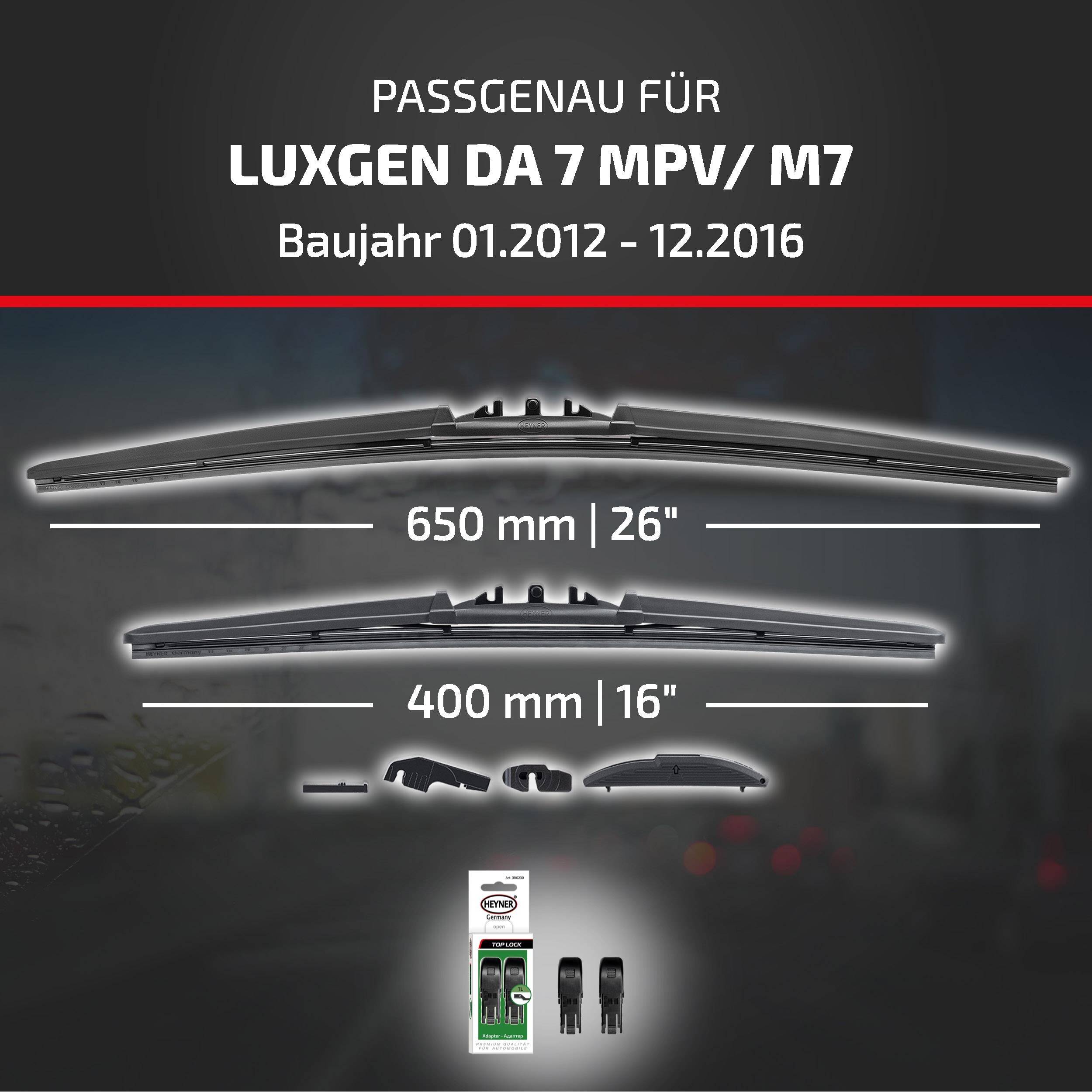 Produktgrafik zeigt Scheibenwischer für Luxgen DA 7 MPV/M7, Modelljahre 01.2012-12.2016, mit Größen 650 mm und 400 mm sowie enthaltenen Adaptern.