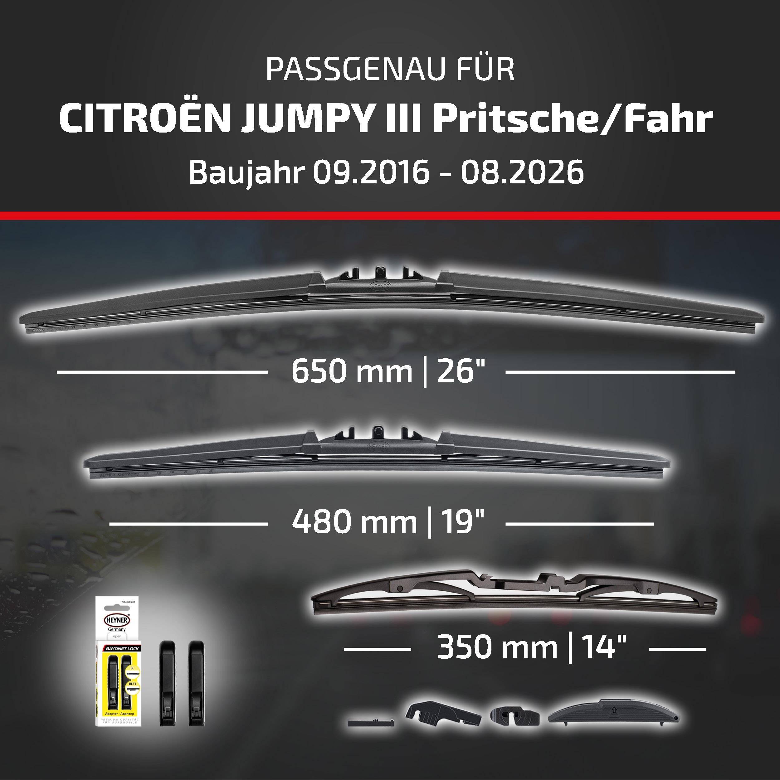 Kompatibilitätstabelle für Citroën Jumpy III Pritsche/Fahrzeug, Modelljahre 09.2016–08.2026, mit Angaben zu Wischerblattgrößen: 650 mm, 480 mm und 350 mm.