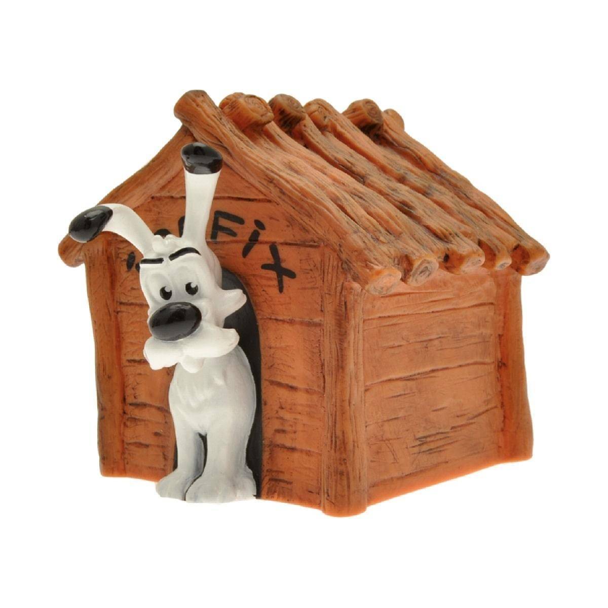 Zeichentrickhhund, der aus einem braunen Hundehaus mit 