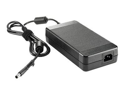 Schwarzer Wechselstromadapter mit angebrachtem Kabel und Hohlstecker, dargestellt auf weißem Hintergrund.
