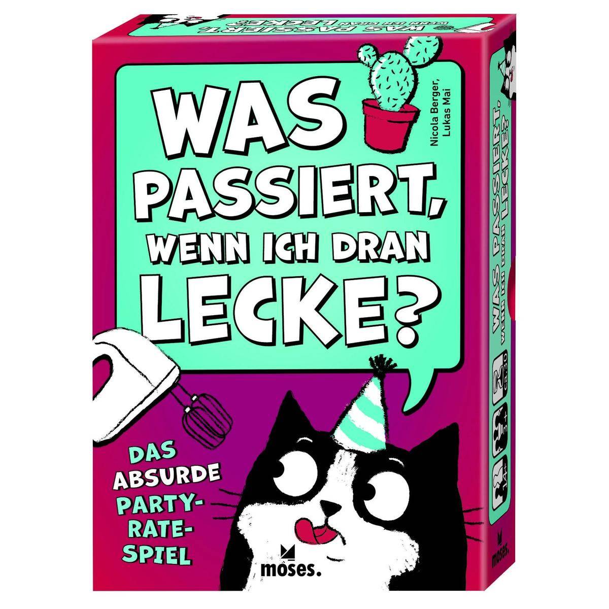 Spielschachtel-Deckblatt mit der Aufschrift „Was passiert, wenn ich dran lecke?