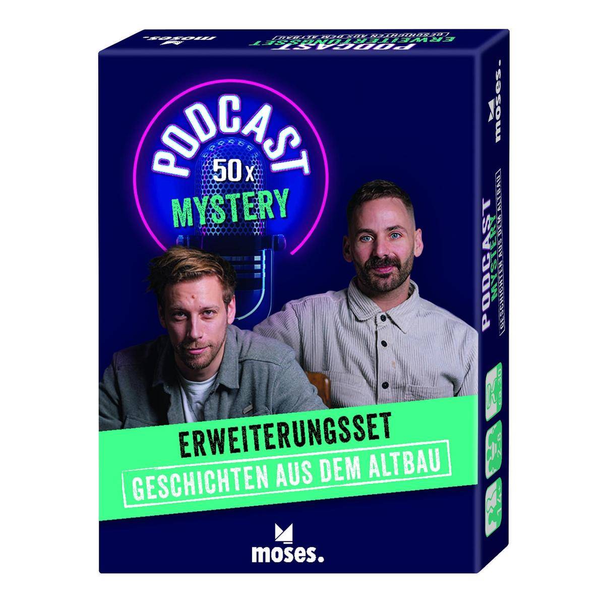 Box für das Erweiterungsset 'PODCAST 50x MYSTERY', auf dem zwei Männer und deutscher Text 'ERWEITERUNGSSET GESCHICHTEN AUS DEM ALTBAU' mit dem moses. Logo zu sehen sind.