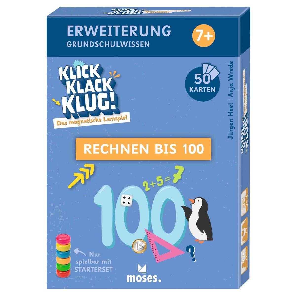 Blaue Lernspielbox für Alter 7+, mit dem Titel „Klick Klack Klug!