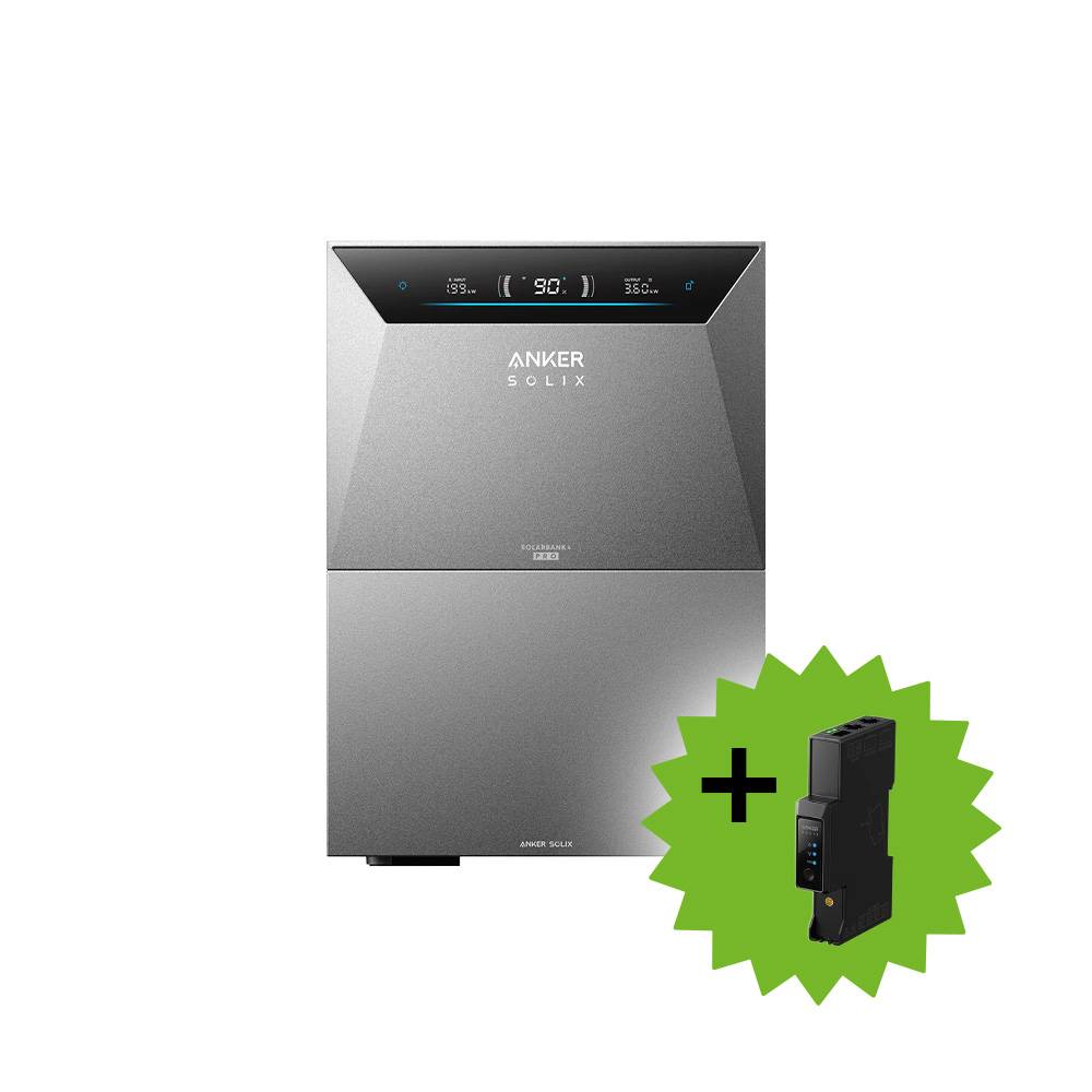 Anker SOLIX Batteriespeichereinheit mit digitalem Display, dargestellt mit einem separaten schwarzen Strommodul-Symbol in einem grünen Plus-Abzeichen.