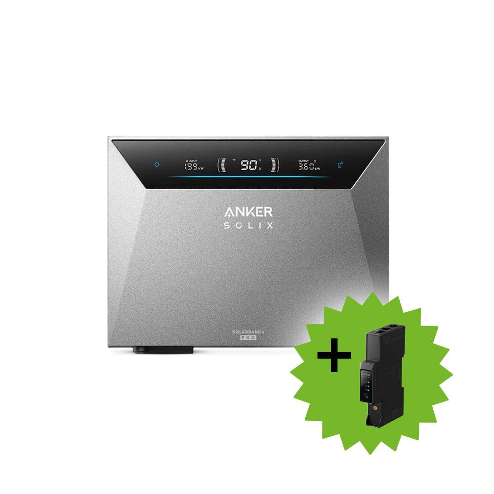 Anker Solix Batterieeinheit mit Frontdisplay, dargestellt mit einem beiliegenden schwarzen Add-on-Modul, das durch einen grünen Starburst und ein Pluszeichen hervorgehoben ist.