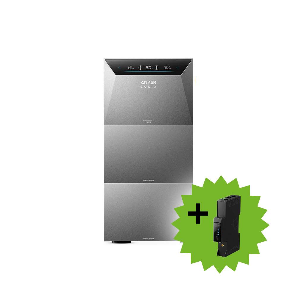 Anker SOLIX Batteriespeichereinheit von vorne gezeigt mit einem Pluszeichen und einem kleinen wandmontierten Wechselrichter, was auf ein Solarenergiesystem-Paket hinweist.