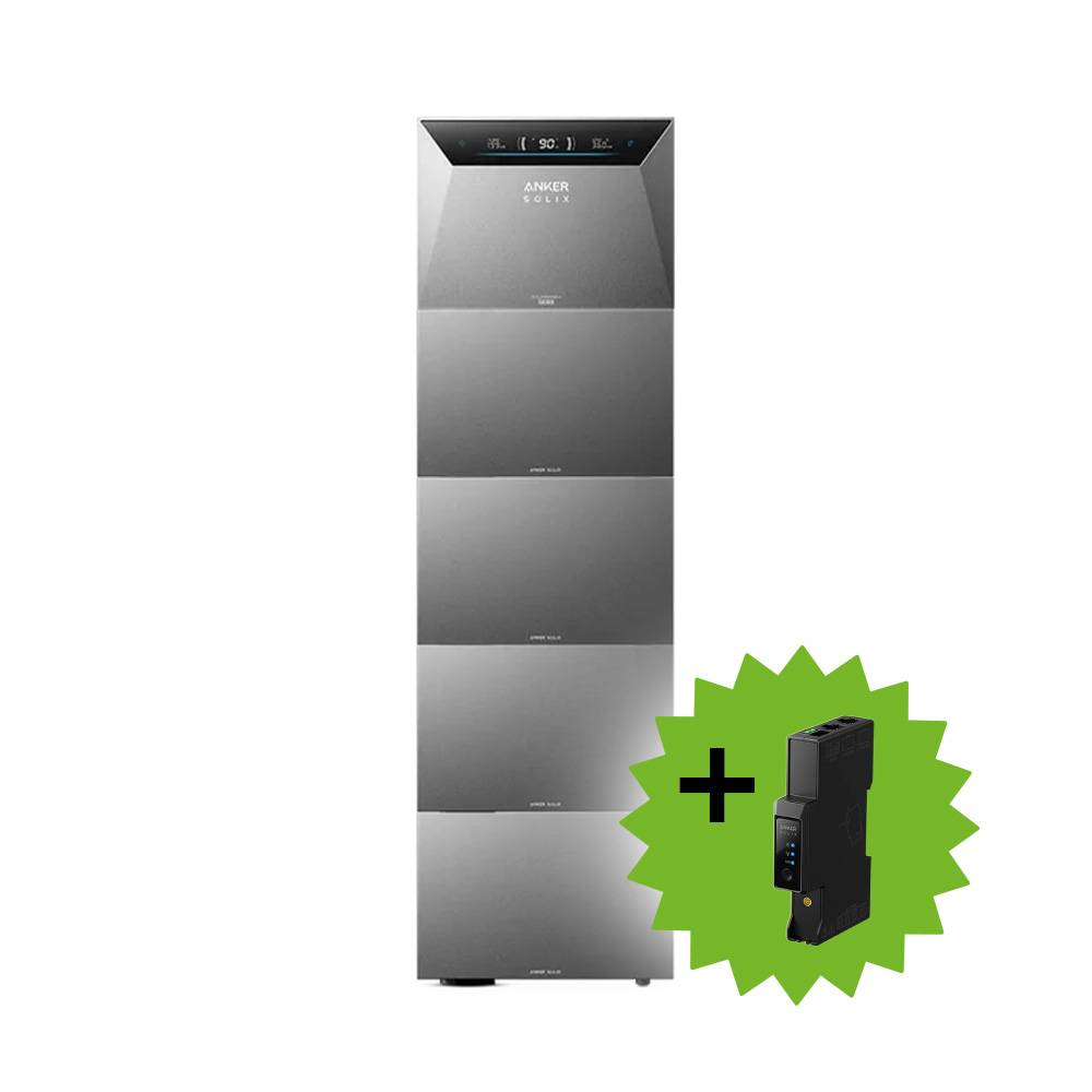 Hoher grauer Anker-Stromspeicher-Turm mit frontalem Display, angezeigt mit einem grünen „+