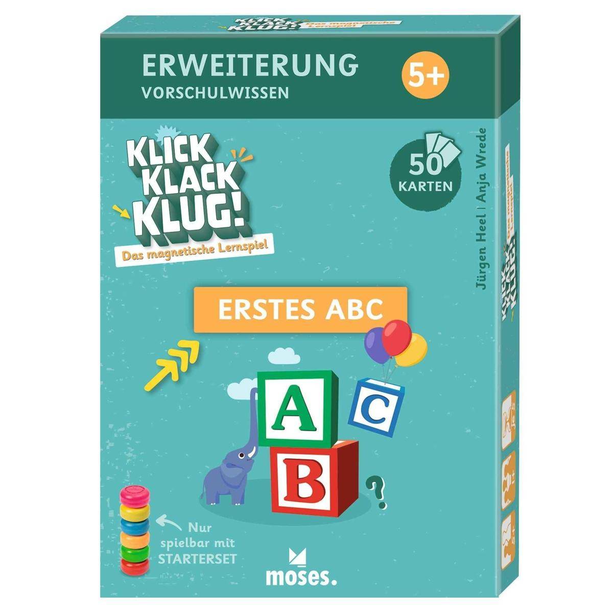 Packung des Kinder-Magnetlern-Spiels 'Klick Klack Klug!' Erweiterung 'Erstes ABC' für ab 5 Jahren, mit 50 Karten.