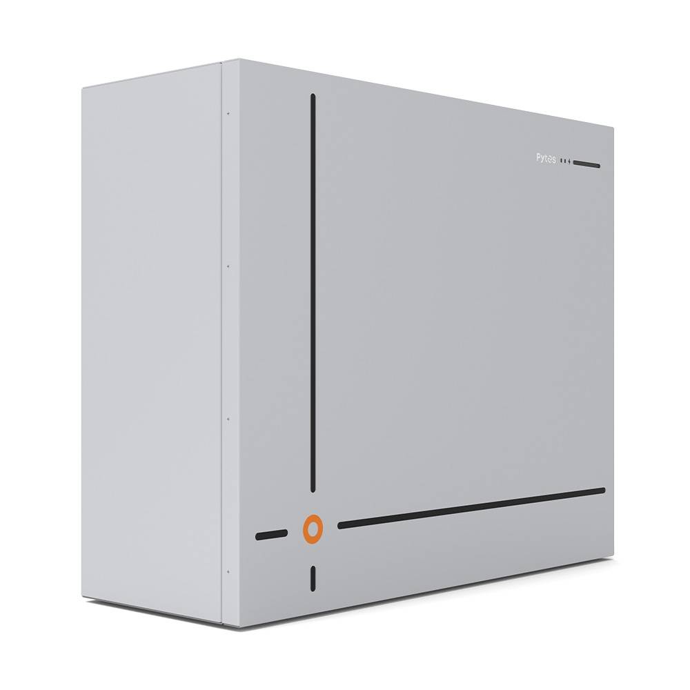 Weiß wandmontierter Schrank mit einem vertikalen schwarzen Balken, dünner horizontaler Linie und kleinem orangefarbenem Ringakzent auf der Frontplatte.