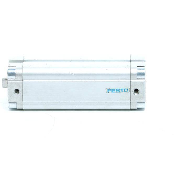 Festo Silber-Pneumatikzylinder-Aktuator mit seitlichen Befestigungslöchern, isoliert auf weißem Hintergrund dargestellt.