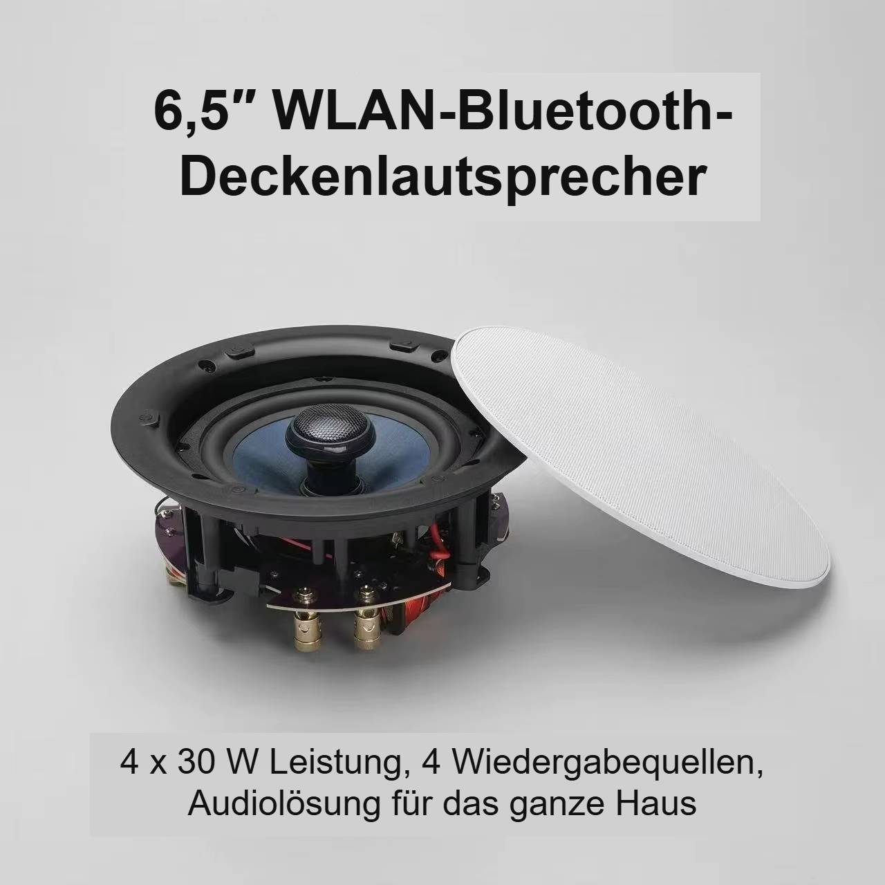 Bild eines 6,5-Zoll-WLAN-Bluetooth-Deckenlutsprechers mit abnehmbarem weißem Gitter; Text besagt „4 x 30 W Leistung, 4 Wiedergabequellen, Audiolösung für das ganze Haus