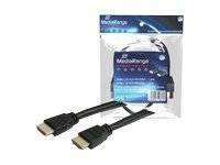 Verpackung für ein MediaRange-HDMI-Kabel mit zwei schwarzen Steckern, die vorne auf der versiegelten Produktverpackung gezeigt werden.