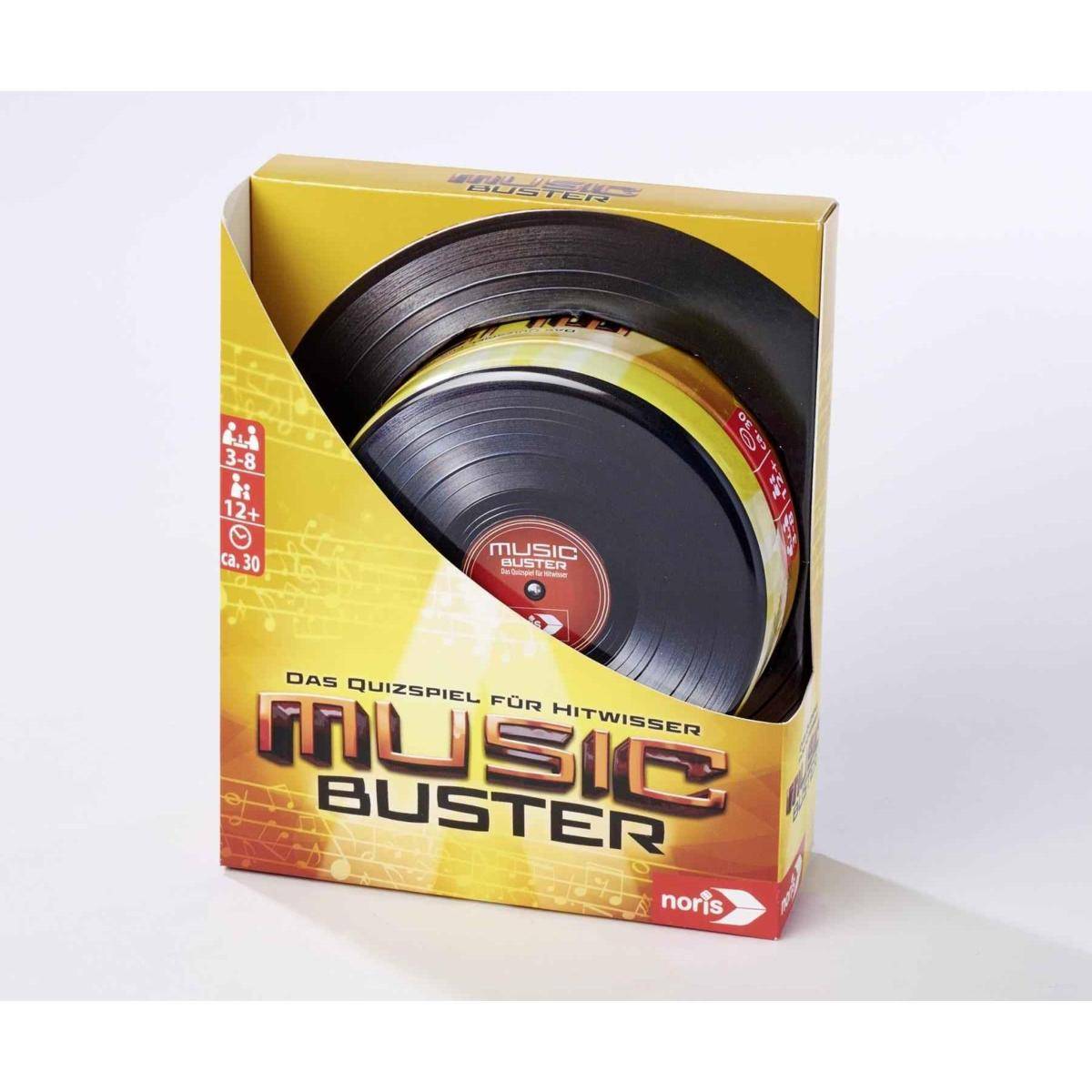 Music Buster Quizspiel-Box mit einer Schallplatte im Inneren, ab 8 Jahren, von Noris.