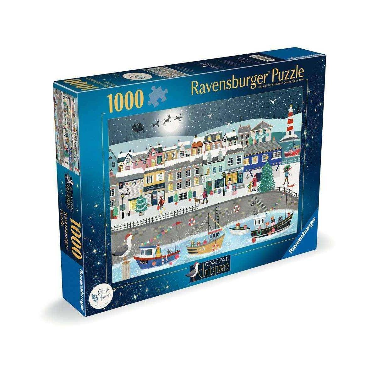 Ravensburger 1000-teiliges Puzzlespiel mit einer Schachtel, die eine winterliche Küstenvillagenszenerie mit Häusern, Booten, Leuchtturm und eislaufenden Menschen zeigt.