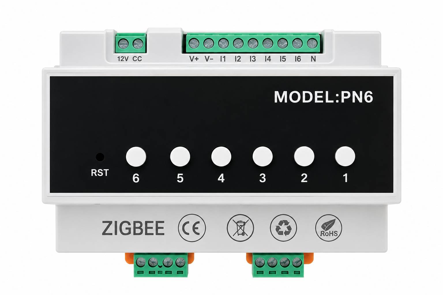 Vorderansicht eines PN6 Zigbee-Controllermoduls mit beschrifteten Anschlüssen, Tasten und Statusanzeigen auf einem weißen Gehäuse.