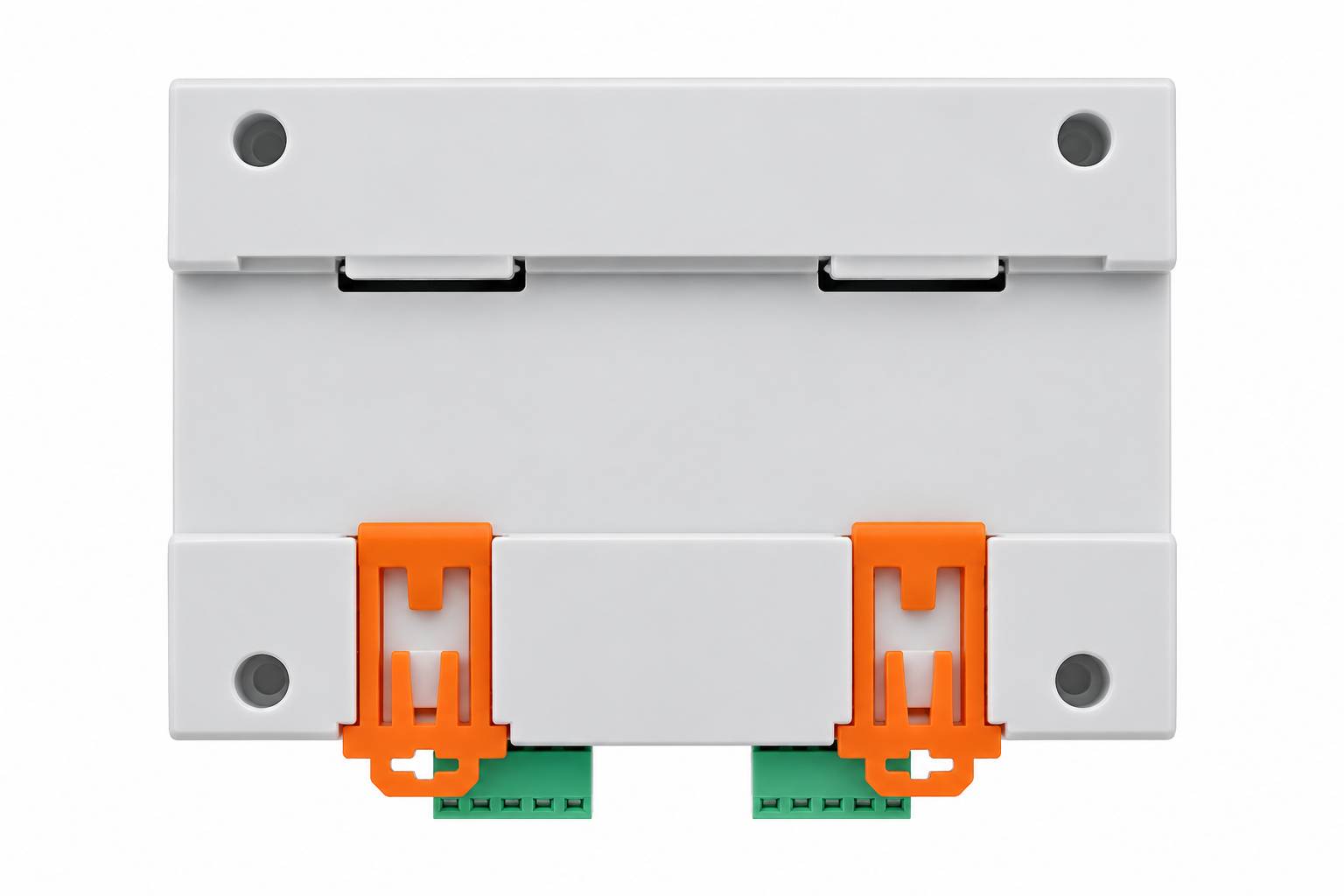 Weiße modulare elektrische Schaltanlage oder Steuereinheit mit orangefarbenen Clip-Verschlüssen und grünen Anschlussverbindern