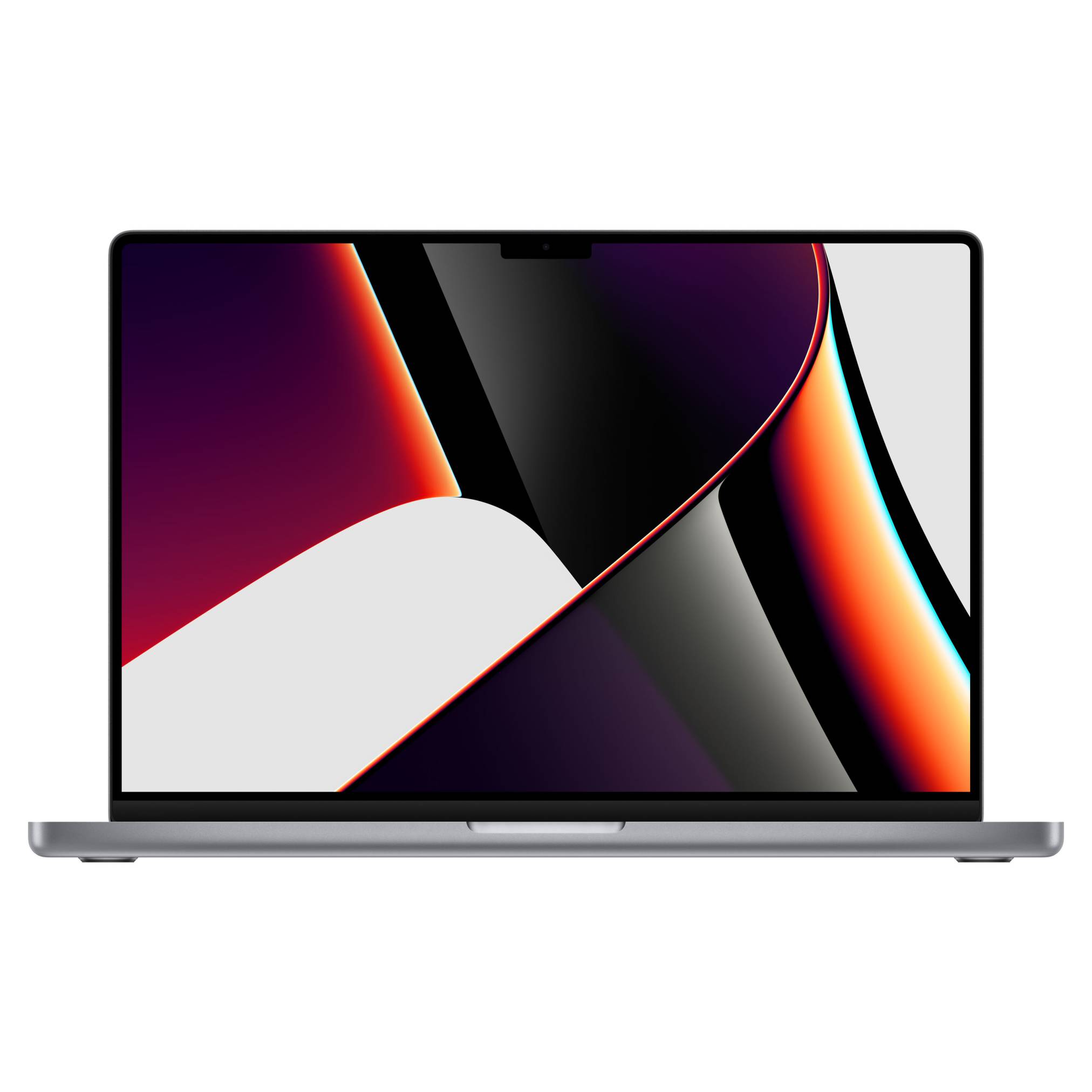 Ein silberner Laptop, offen auf weißem Hintergrund, zeigt eine abstrakte, farbenfrohe Tapete auf dem Bildschirm.