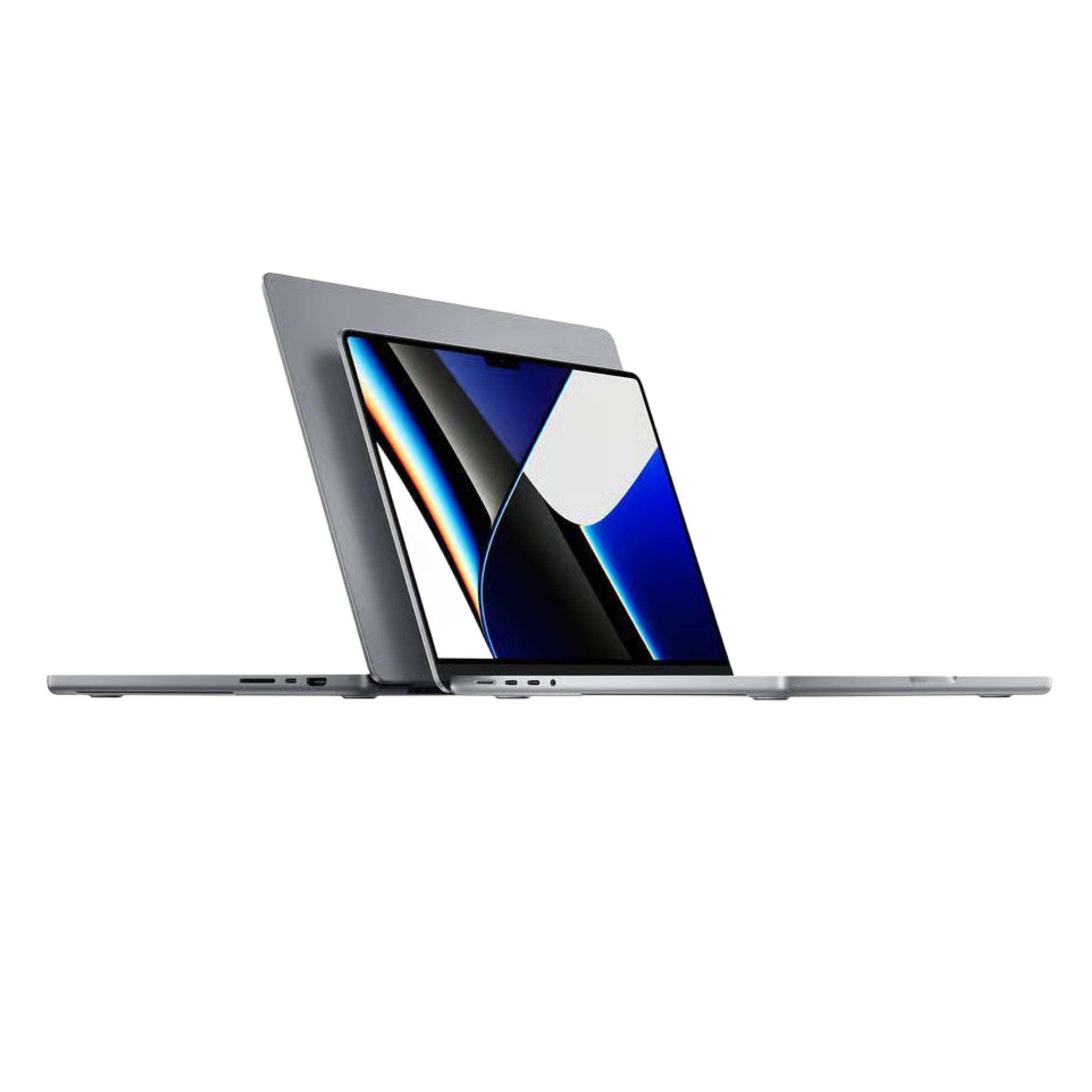 Zwei schlanke Laptops nebeneinander gezeigt, einer offen hinter dem anderen, mit einem blauen, schwarzen und weißen abstrakten Bildschirm auf weißem Hintergrund angezeigt.
