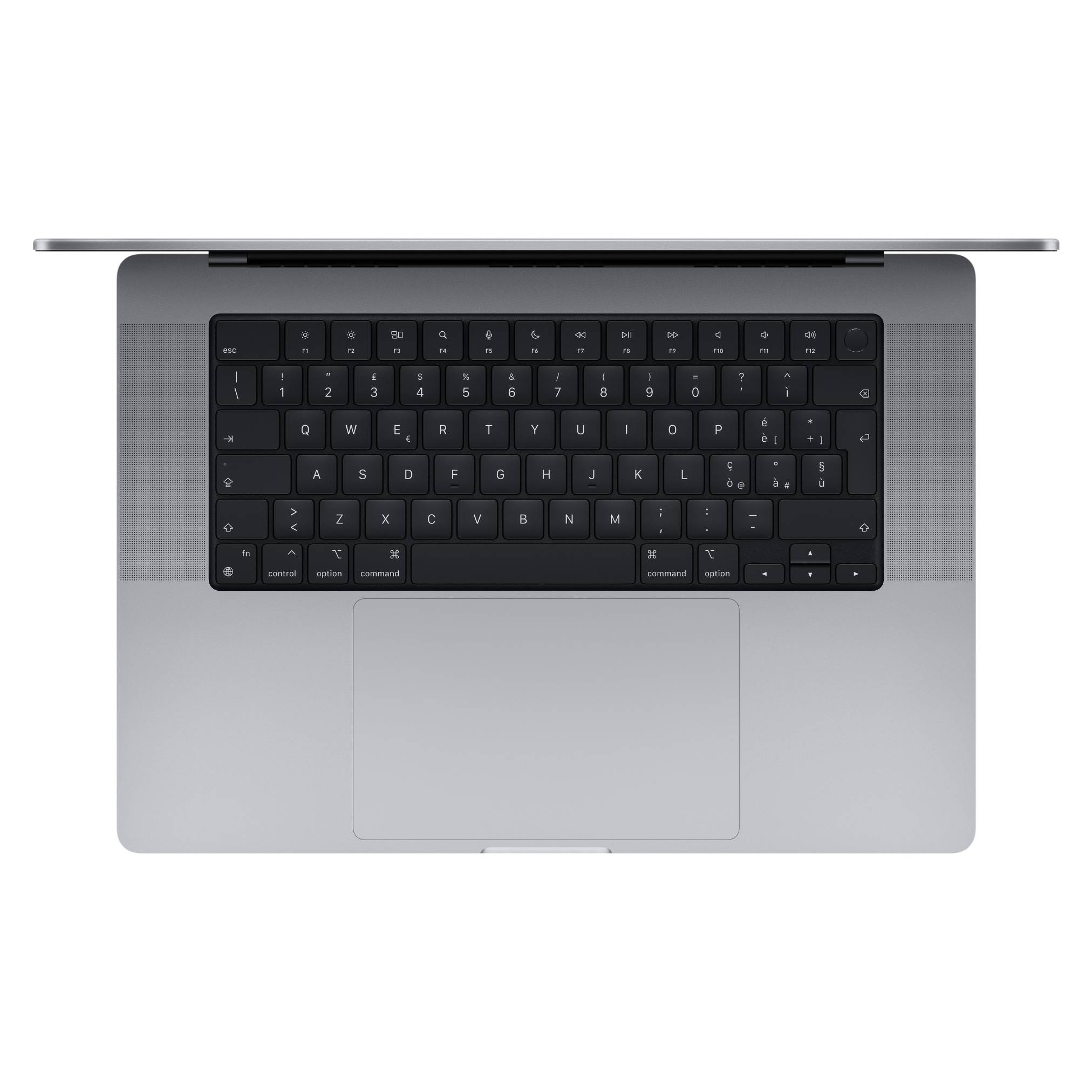 Draufsicht auf einen silbernen Laptop mit schwarzer Tastatur und großem zentriertem Touchpad, geschlossen auf weißem Hintergrund dargestellt.