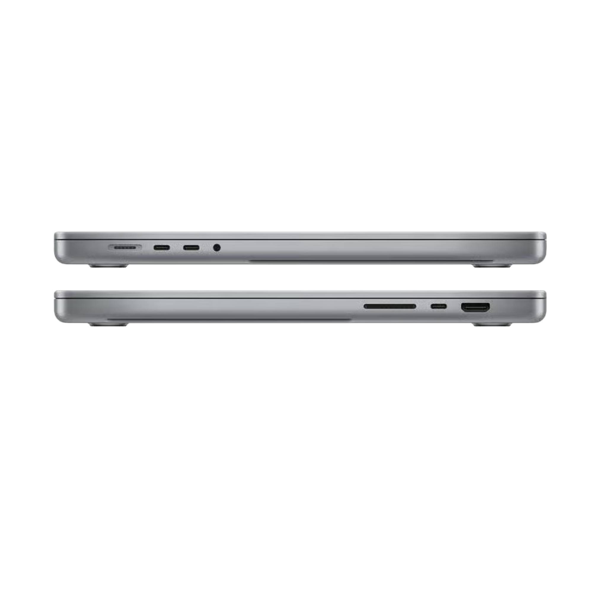 Zwei Seitenansichten eines geschlossenen silbernen Laptops, die sein dünnes Profil und die Anschlüsse an den linken und rechten Kanten auf weißem Hintergrund zeigen.