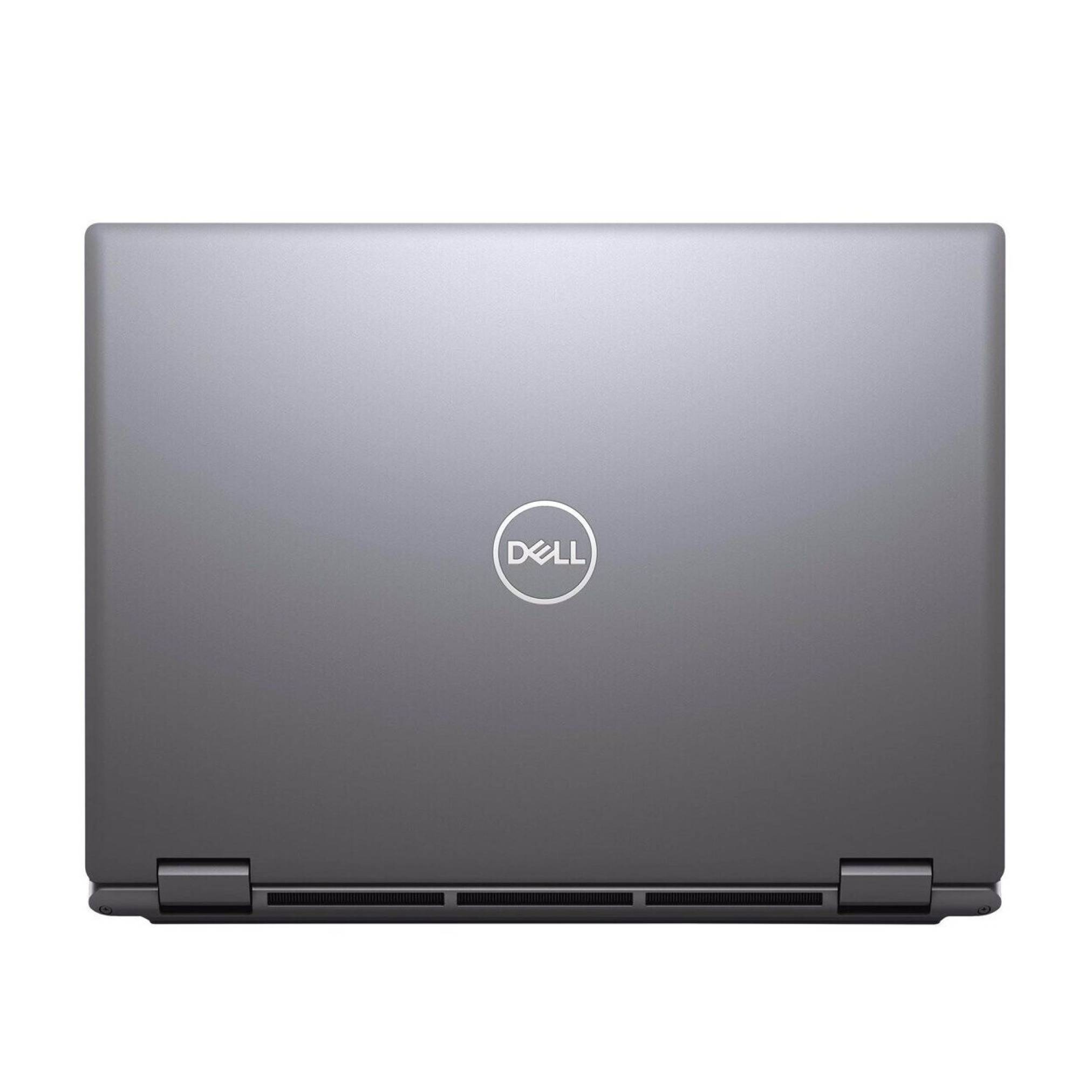 Geschlossener grauer Dell-Laptop, von hinten betrachtet, mit zentriertem Logo auf dem Deckel.