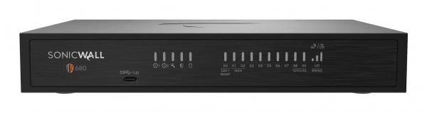 Vorderansicht eines SonicWALL 620-Sicherheitsgeräts mit Statusleuchten und Frontplattenbedienelementen, dargestellt auf weißem Hintergrund.