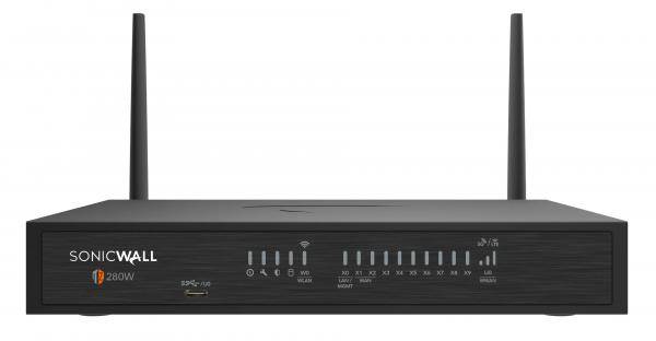 Vorderansicht eines SonicWall 280W Wireless-Routers/Firewalls mit zwei Antennen und Statusleuchten auf einem schwarzen Gehäuse.