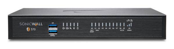 Frontansicht eines SonicWall TZ 570 Firewall-Geräts mit Status-LEDs und zwei übereinander angeordneten USB-Anschlüssen auf der Frontplatte.