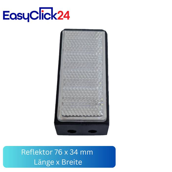 Produktfoto eines rechteckigen Reflektors mit der Beschriftung „Reflektor 76 x 34 mm Länge x Breite" von EasyClick24.