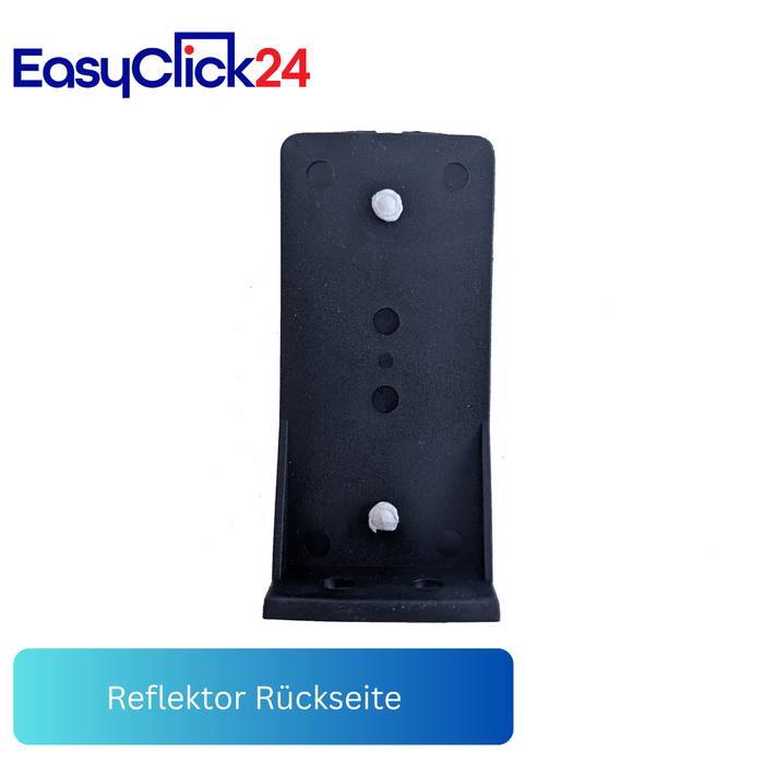 Schwarze rechteckige Reflektorbefestigung von hinten gezeigt, mit zwei weißen Stiften und dem EasyClick24-Logo; mit der Beschriftung „Reflektor Rückseite".