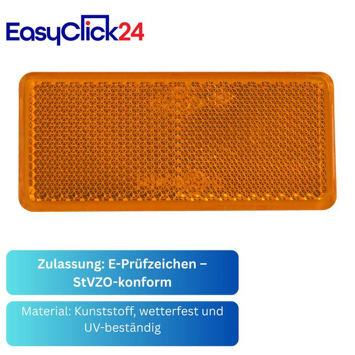 Oranges rechteckiges reflektierendes Sicherheitspanel auf weißem Hintergrund, mit EasyClick24-Logo und deutschem Text, der E-Kennzeichen-Zulassung, StVZO-Konformität und wetterbeständiges UV-beständiges Kunststoffmaterial angibt.