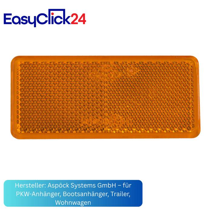Oranges rechteckiges reflektierendes Sicherheitsmarkierungsgerät mit Wabenmuster; Marke EasyClick24 und auf Deutsch gekennzeichnet für Auto-, Boot-, Anhänger- und Wohnwagenverwendung.