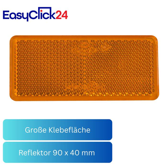 Orangefarbiges rechteckiges Reflektoretikett mit großer Klebefläche, beschriftet mit „Große Klebefläche" und „Reflektor 90 x 40 mm"".