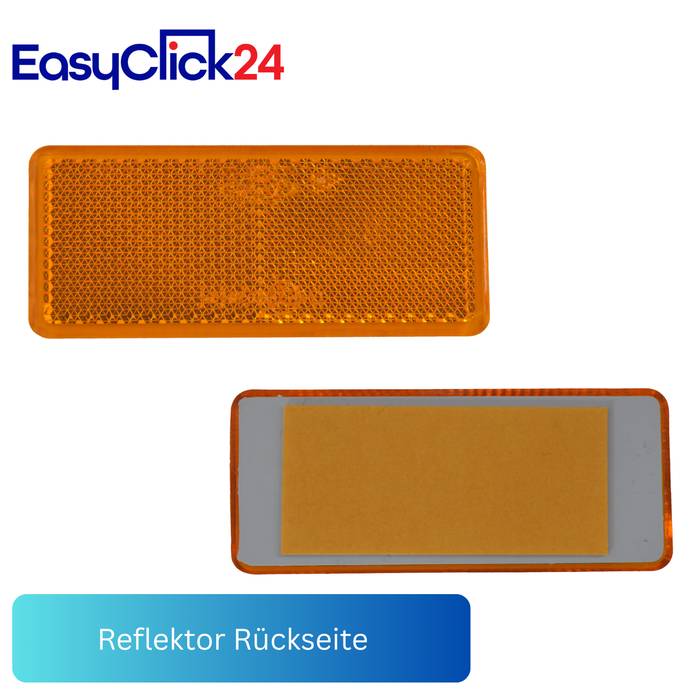 EasyClick24 Produktbild zeigt einen orangefarbenen rechteckigen Reflektor vorne und hinten, mit der Beschriftung „Reflektor Rückseite" auf einem blauen Knopf.