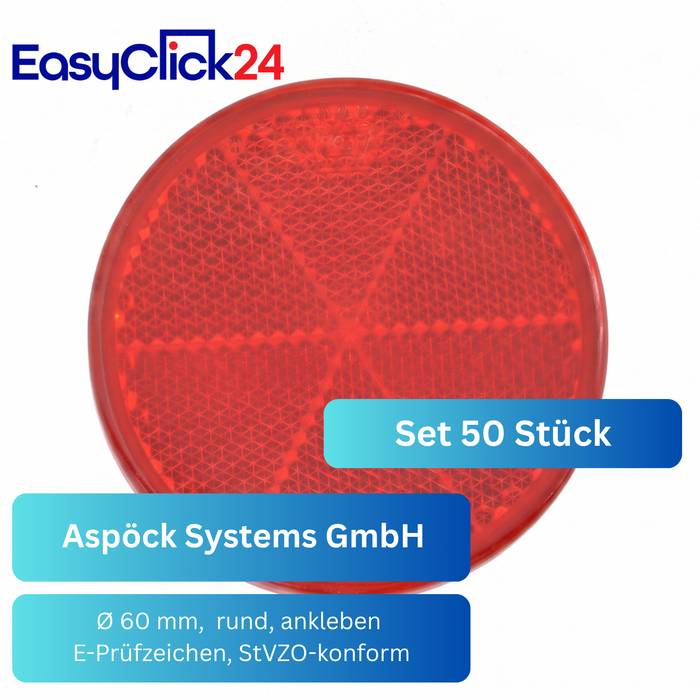Roter runder Haftklebereflektor von Aspöck Systems GmbH, 60 mm, verkauft als Set von 50; gekennzeichnet mit „E-Prüfzeichen