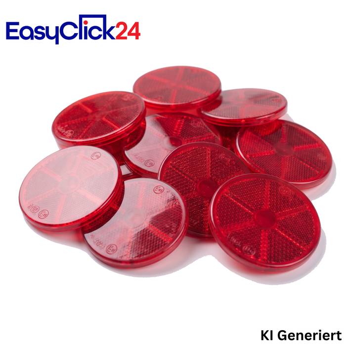 Stapel von roten runden Reflektoren oder Fahrradlichtern auf weißem Hintergrund, mit "EasyClick24""-Logo und ""KI Generiert""-Text.