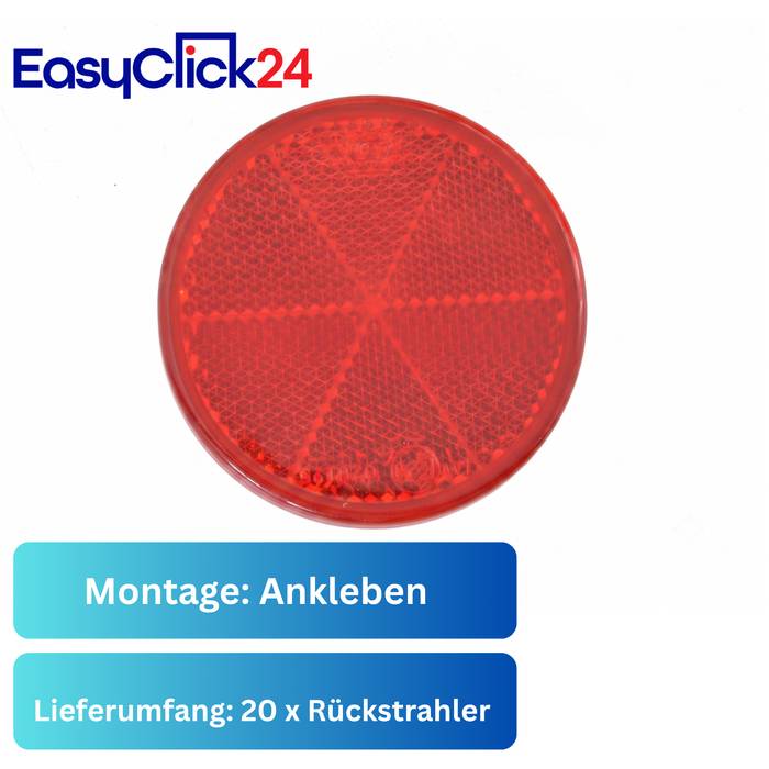 Roter Rundreflektor auf weißem Hintergrund mit EasyClick24-Logo und deutschem Text 