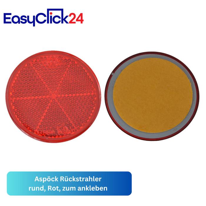 Produktbild mit rundem roten Aspöck-Rückstrahler: Vorder- und Rückansicht, beschriftet mit „Aspöck Rückstrahler rund, Rot, zum Ankleben".