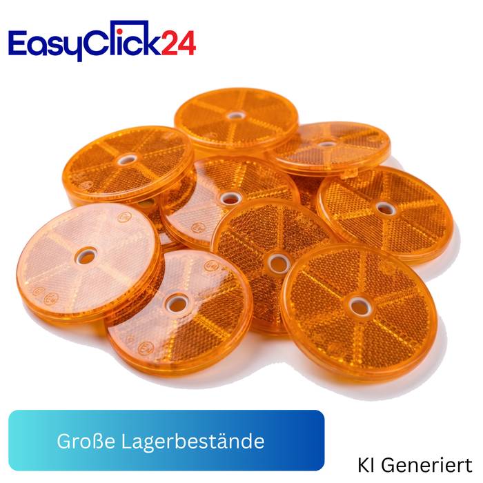 Stapel orangefarbener runder reflektierender Sicherheitsmarker mit EasyClick24-Logo und deutschem Text „Große Lagerbestände" und „KI Generiert"" auf weißem Hintergrund.