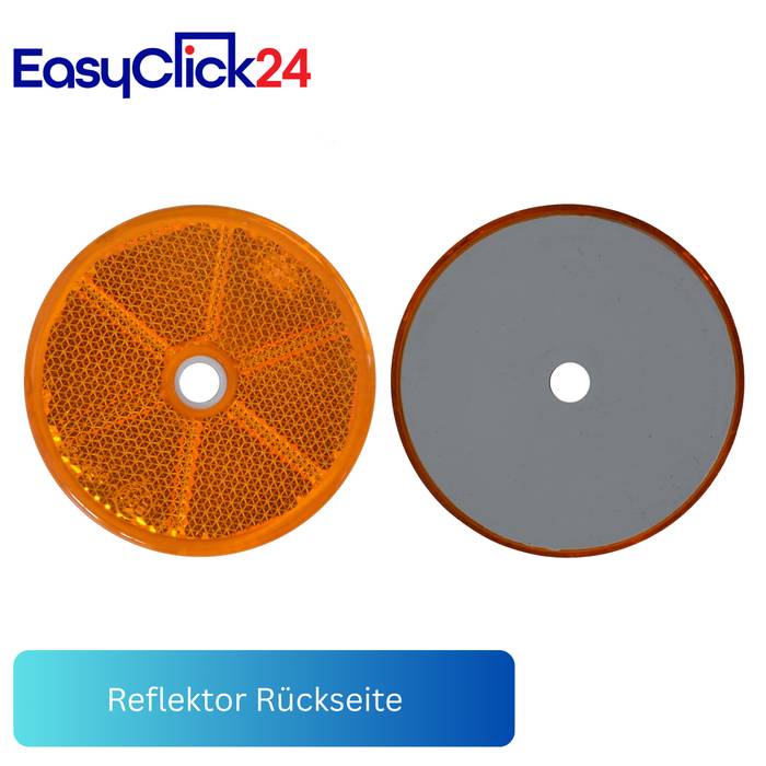 Produktbild mit einem orangefarbenen runden Reflektor an der Vorderseite und grauer Rückseite, mit der Marke "EasyClick24"", darunter der Text ""Reflektor Rückseite"".
