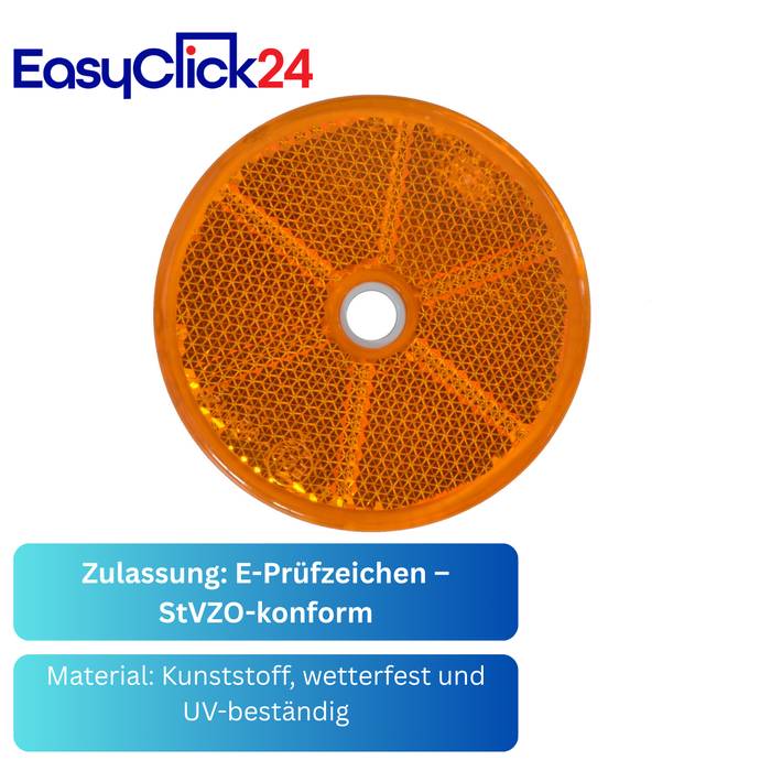 Orangefarbener kreisförmiger Fahrradrad-Reflektor mit zentralem Loch, Marke EasyClick24, gekennzeichnet mit dem deutschen Label 'Zulassung: E-Prüfzeichen – StVZO-konform' und 'Material: Kunststoff, wetterfest und UV-beständig'.
